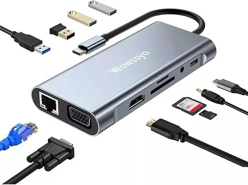 Wowssyo 11-in-1 Docking Station Hub USB C, Adaptateur USB C HDTV 4K, VGA, 3xUSB 3.0, USB C, Lecteur de Cartes SD/TF, Gigabit Ethernet, PD 100W, 3.5mm Audio pour MacBook Pro/Air & Laptop Windows XPS