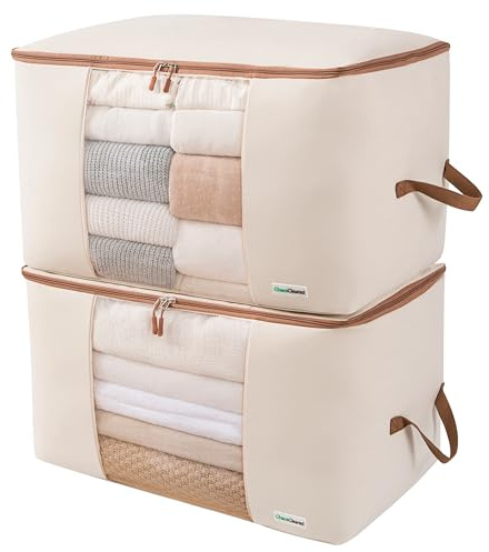 Chaos Cleared Canvas Storage Bags Designer Organizer for Comforters 2 Pack – Seasonal Storage for Pillows, Blankets, Linens & Garments – Foldable Design with Zip & Window, Moth-Proof Space Saver
