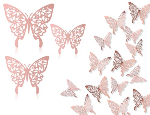 Lhbwhiz Confezione da 24 Adesivi Murali Farfalle 3D, Adesivo Murale Decorativo Farfalle Rimovibili in 3 Dimensioni per Decorazione della Stanza, Decorazione per Feste (Oro Rosa)