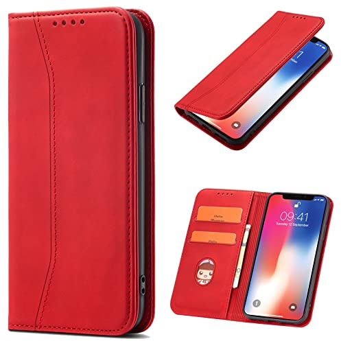 OKZone Funda para Motorola Moto Edge 40 Neo, Funda Carcasa de Cuero para Motorola Moto Edge 40 Neo,Magnético Carcasa Funda Móvil Billetera Cuero Funda con Tapa Libro Caso Soporte Plegable (Rojo)