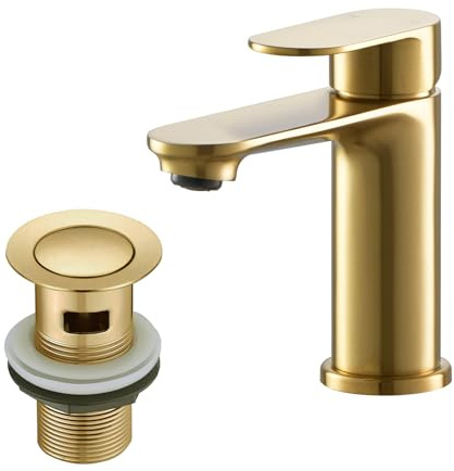 Badarmaturen mit Ablaufgarnitur, BATHWEST Waschtischarmatur mit Pop-Up-Ablaufgarnitur, moderner Monoblock-Einhebel-Messing-Waschtischarmatur, Mischbatterie mit Waschbeckenstöpsel 072GO (Gold)