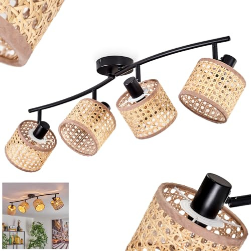 HOFSTEIN Deckenleuchte Barcos, Deckenlampe aus Metall/Rattan/Stoff in Schwarz/Natur/Beige, verstellbare Leuchte im Boho/Retro-Design (Schirme Ø 12 cm), 4 x E14, Esszimmer, Wohnzimmer, Schlafzimmer