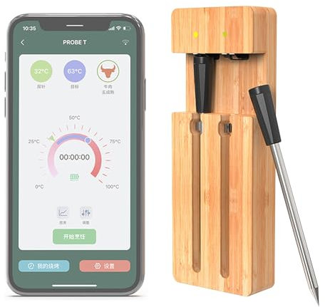 Smart Wireless Meat Thermometer, 50M Bluetooth Meat Thermometer with 2 0.8MM Thin Meat Probe for Food Cooking BBQ Oven Smoker Rotisserie