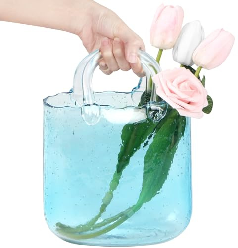 Unique Purse Vase for Flowers,Blue Handmade Thicken Bubbled Glass Bag Vases with Gradient Color for Home Decors .Great Clear Purse Flower Vase for Centerpiece,Floral Arrangement,Wedding Decors.