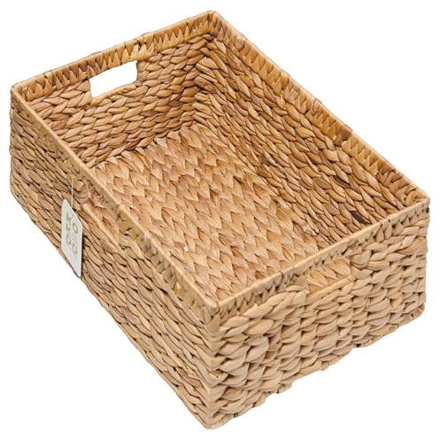KOKODO 15”L x 11”W Large Rectangular Water Hyacinth Wicker Storage Basket with Handles, Metal Frame and Chalkboard Label, Handwoven Bin for Space-Saving Room Organization