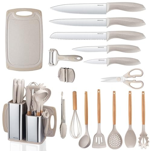 RAXCO Juego de cuchillos de cocina con bloque, 18 piezas de utensilios de cocina con 5 juegos de cuchillos y 7 espátulas de silicona
