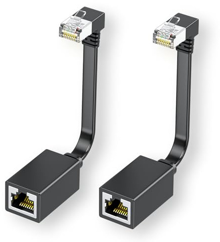 2Packs Right Angle Cat7 Ethernet Extension Cables Flat 15CM/6inch,Right angle Down 90 Degree LAN Extended Cable Network Patch Cord Male to Female Connector for Router Modem Smart TV PC Computer Laptop