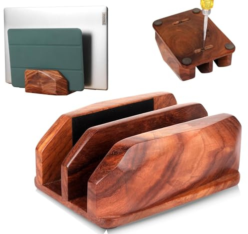 DnU Avenue Width Adjustable Vertical Laptop Stand for Desk, Laptop Holder to Dock MacBook, MacBook Pro and Other Laptops, Versatile Vertical Laptop Docking Solutions - Indian Rosewood