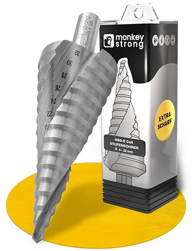 monkeystrong Stufenbohrer Edelstahl HSS-E Co5 4-32mm, Achtung scharf | Kobalt, Kegelbohrer, Konusbohrer, Schälbohrer, Blechbohrer, für Baustahl, Eisen, NE-Metall, Kunststoff, mit Drehzahltabelle