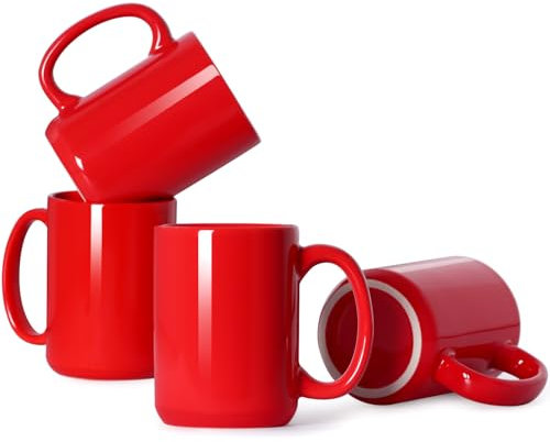 Smilatte 450ml Porcelain Coffee Mugs, Classic Blank Ceramic Cup with Large Handle for Tea Latte Cappuccino, Set of 4, Red