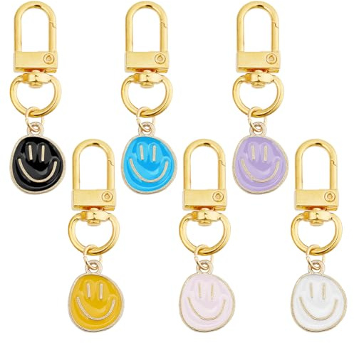 DICOSMETIC 24 Pièces Porte-clés du Smiley en Émail 6 Styles Porte-clés Mignon en Alliage avec des Charmes de Sourire Pendentif de Sac pour Femme Porte-clés Décoratif, Doré