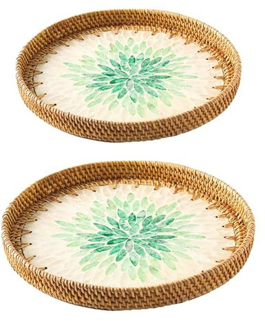 Handgefertigtes rundes Rattan-Tablettts mit Perlmutt-Inlay, dekorative Weidenkörbe für Brot, Obst, Kaffee und mehr, Serviertablett aus Holz zur Aufbewahrung und Präsentation