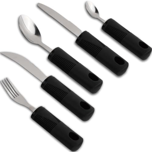 Amexo 5 Piezas Adaptive Eating Utensils, Antideslizante Cubiertos Easy Grip Acero en Inoxidable, Juego de Cubiertos con Asas Anchas para Ancianos, Artritis, Parkinsons y Discapacitados (Negro)