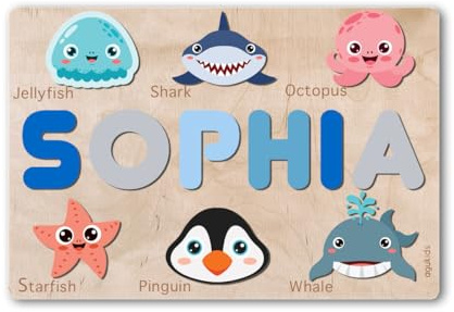 Generisch Holzpuzzle mit Meerestieren und Baby Name | Anpassbares Lernspielzeug für Kinder| Perfekt für das erste Weihnachtsfest | Geschenk zum 1. Geburtstag für Jungen