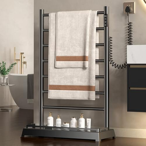 Portasciugamani Scaldasalviette, Scaldasalviette Verticale a 7 Barre per Bagno, Portasciugamani Elettrico da Pavimento in Lega di Alluminio con Ripiano Inferiore, Timer 24 Ore E Display a LED