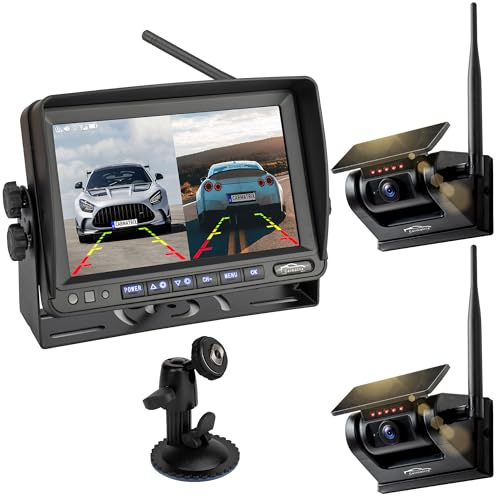 CARMATRIX Solar Funk Rückfahrsystem HD mit Magnet für Wohnmobil Transporter Pferdeanhänger Auto Akku Rückfahrkamera mit 7 Monitor Vorne und Hinten zum Nachrüsten, Einparkhilfe, DashCam Aufzeichnung