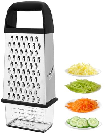 Pasdrucn 4-Sided Cheese Grater with Container, Parmesan Cheese Grater, Box Grater for Kitchen, Multi-Grip Box Grater with 250ml Plastic Measuring Cup, Cheese BoxGrater&Handheld Cheese Grater Set (A)