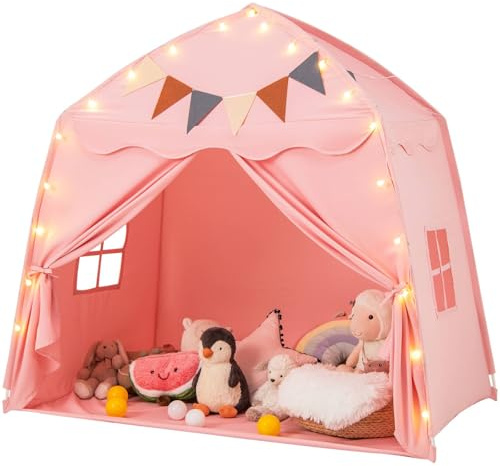 GYMAX Large Kids Tent, Toddler Play Tent with Flags and Globe String Lights, Outdoor Indoor Children Playhouse for 3-12 Years Old, 157x98x148cm (Pink) | with Flags and Globe String Lights, Outdoor Indoor Children Playhouse for 3-12 Years Old, 157x98x148cm