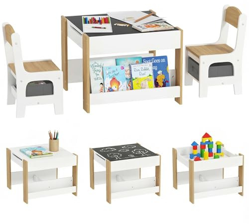 HOMCOM Juego de Mesa y 2 Sillas Infantil 3 en 1 con Pizarra Blanco Natural