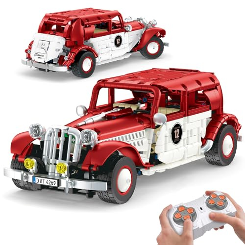 HIGH GODO Technik Auto Klemmbausteine, Oldtimer Modell Mit Fernbedienung 916 Teile Ferngesteuert Vintage Auto, Bausteine Set Geschenke für Erwachsene Sammler 15+