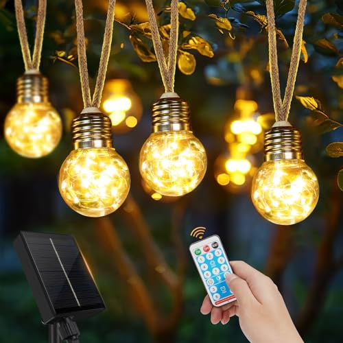 Goffii Solar Lichterkette Aussen Wasserdicht Mit 20 G40 Glühbirnen 12.5M Helligkeit Dimmar 8 Modi Lichterketten Außen Glühbirnen für Gärten Terrasse Balkon Party Hochzeit Deko Outdoor, Warmweiß