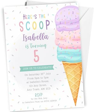 Love To Cherish 10 x Personalised Ice Cream Party Birthday Invitations with envelopes, Girls Summer Themed Party Birthday Invites, Pink Here's The Scoop Ice Cream Cone Invites