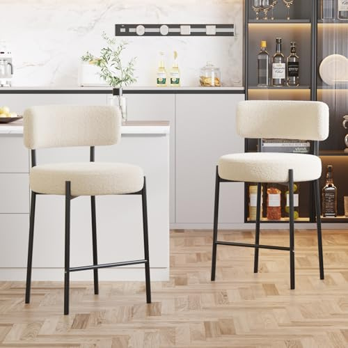 Ckaff Set di 2 Sgabelli da Bar, Sgabelli da Bar Alti con Schienale, Sedie da Cucina con Poggiapiedi, Seduta alta 63,5cm per Bar, Caffè, Isola della Cucina, Bianco