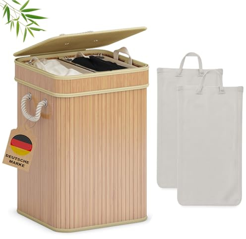 AdelDream Wäschekorb 100L, 2 Fächer Wäschesammler, Bambusoptik | Wäschesortierer 2 x 50L, 2 herausnehmbare Säcke, faltbar, Naturfarbe