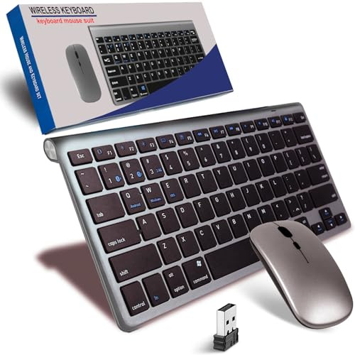 Tastatur Maus Set Kabellos, Bluetooth5.0/3.0 Tastatur & 2.4 GHz USB 3 Mode, Funktastatur Mit Maus Silent Mini Tastatur Ultra-Dünn Wireless für iPad, Mac, PC, Laptop, Tablet, Surface, QWERTY-US-Layout