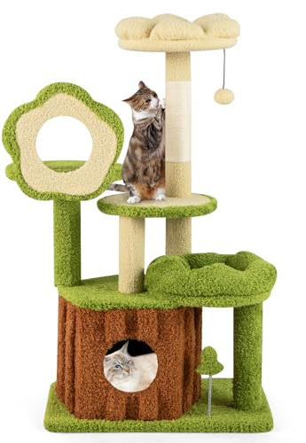 GOPLUS Árbol para Gatos de Varios Niveles, Torre para Gatos en Forma de Tronco, Percha en Forma de Flor, Cama de Siesta, Plataformas, Poste para Rascar, Pompón, Centro de Actividades