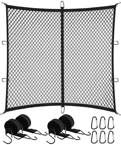 FreeTec Gepäcknetz 120x120cm [Dehnbar bis 210x210cm], Hochelastisches Gepäcknetz Aufbewahrung, Kofferraum LKW-Bettnetz mit 4 Haltegurten & 6 Karabiner für Auto LKW Wohnmobile (Zweilagig)