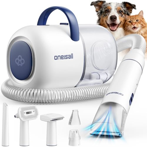 oneisall Aspirateur de toilettage pour chien, 15 000 Pa pour perte de poils d'animaux domestiques, tondeuse de toilettage pour chien avec tondeuse et broyeur à ongles, silencieux 59 dB avec 6 outils