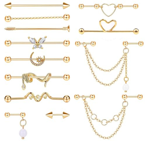 XSDSLS Piercing Industriel Acier inoxydable Barre Industrielle Piercing Boucles d'Oreilles Industrielles Cartilage Helix Boucles d'Oreilles pour Femme (Or)