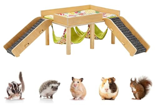 Bomefoi Hamster Hängematte mit Treppe - 2-Stöckiges Abnehmbares Haus,Mit Treppe Holz Hamster Hängematten Schloss - Für Kleine Haustiere Wie Kaninchen Für Innenräume Wie Wohnzimmer Ecke Zum Schlafen