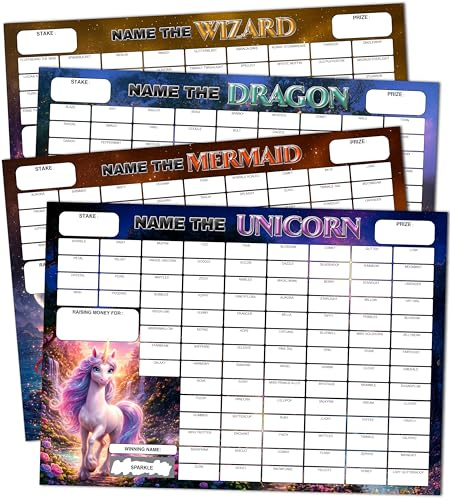 Pack of 4 Fantasy Themed Fundraising Scratch Cards - A4 Size - 100 Squares and Scratch Off Winner for Charity