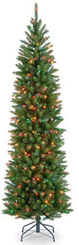 National Tree Company 6.5 ft Pre-Lit Kingswood Fir Slim Artificial Christmas Tree, 250 Multicolor Lights, 719 Tips, Includes Stand, Green