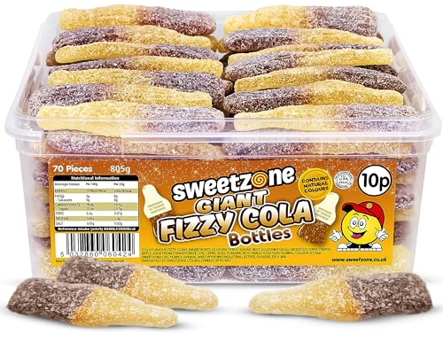 Sweetzone Giant Fizzy Cola Bottles, Halal Sweets Tub, Fizzy Gummy Bottle Sweets for Sweet Enthusiasts, and Cola Flavoured Fanatics, Pick and Mix Gummies, 70 Pcs, 805g
