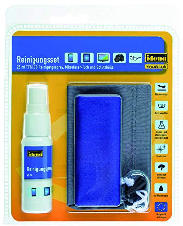 Idena 190084 Kit de nettoyage avec Spray nettoyant TFT/LCD, Chiffon microfibre et sac, 25 ml