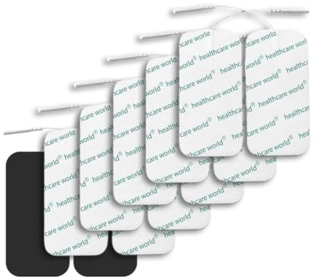 Healthcare World Große TENS Elektrodenpads 10x5 cm (12 Stück) – Selbstklebend & Wiederverwendbar für Schmerztherapie, Muskelstimulation – Vorverkabelt, Kompatibel mit Tenscare, Elle, Auvon & Neurotrac
