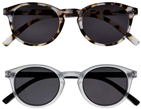 OPULIZE Zen Sonnen Leser Brille 2er Pack Kleine Runde Rahmen Federscharniere Kratzfeste Getönte Linse UV400-Schutz Licht Braun Schildpatt Herren Damen SS24-1TC +1.50