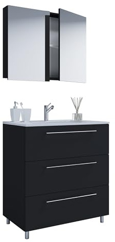 VCM 3-TLG. Stand Waschplatz Waschtisch Badmöbel Set Waschbecken Badinos Schublade Spiegel 80, Schwarz