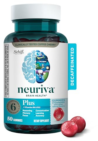 NEURIVA Plus Decaffeinated Nootropic Brain Supplement for Memory, Focus & Concentration & Cognitive Function, Clinically Tested NeuroFactor, Phosphatidylserine, Vitamins B6 B12,50ct Strawberry Gummies