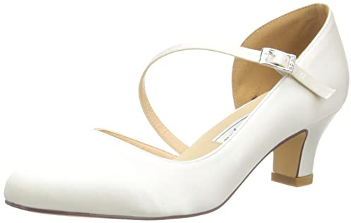 Duosheng & Elegant HC2002 Runde Zehen Komfort Niedriger Absatz Blockabtz Mary Jane Schnalle Satin Hochzeitsschuhe Brautschuhe Ivory Gr. 39