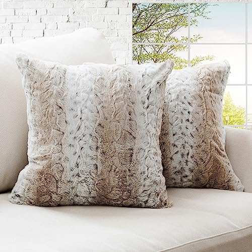 Cheer Collection Faux Fur Throw Pillows with Inserts – Set of 2 Decorative Square Couch Pillows, 18” x 18” Snow Leopard Embossed Ombre Design for Sofa, Bed & Living Room Decor