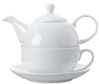 Maxwell & Williams AX0401 Teeservice für 1 Person, Porzellan – 3 tlg Kanne, Tasse, Untertasse – Serie Round, Geschenkbox