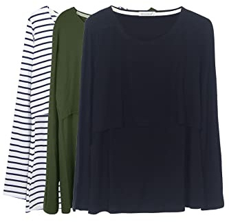 Smallshow Donna Top per Allattamento a Maniche Lunghe 3 Pack,Army Green/Black/White Stripe,XL