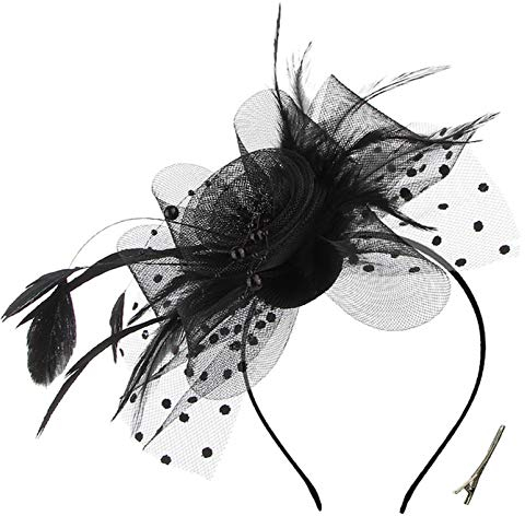 OUHO Damen Fascinator Hut Blume Mesh Federn Clip Kopfschmuck Haarschmuck für Party Kirche Hochzeit Cocktail Jockey Club schwarz