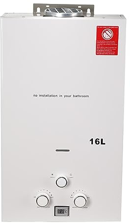 SUDEG 16L/min Chauffe-eau à Gaz, Chauffe-eau à Gaz Instantané 32KW Affichage Numérique Instantané au GPL avec kit de Pomme de Douche Plaqué, Chauffe-eau Mural, Blanche
