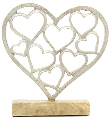 Carousel Home Elegant Silver Metal Love Heart Ornament | Silver Hearts On Wooden Base Sculpture | Anniversary Wedding Gifts