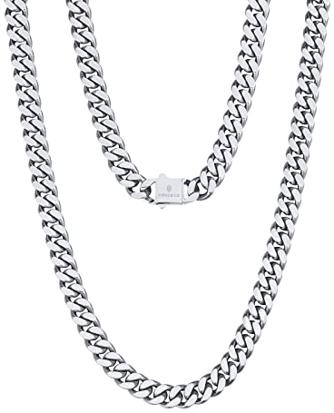 KRKC&CO 8mm Panzerkette, Weißgold plattiert Cuban Link Chain, Edelstahl Panzerkette Herren Silber Kubanische Gliederkette, Herren Silberketten Hip Hop Kette für Männer Jungen Größe 51cm